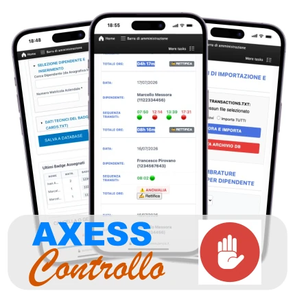 Dashboard di amministrazione e controllo accessi aziendali con report storici, gestione anagrafiche tessere e tracciamento hardware varchi