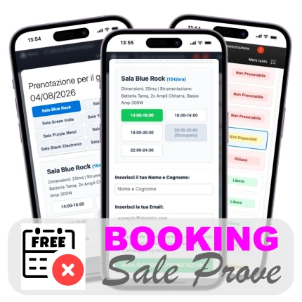 Calendario prenotazioni sale prove su smartphone, tabellone planning orario su tablet bancone e schermata impostazioni configurazione PIPE