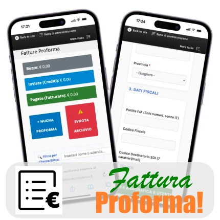 Dashboard di gestione fatture proforma su tablet e smartphone con download immediato del file XML per l'Agenzia delle Entrate