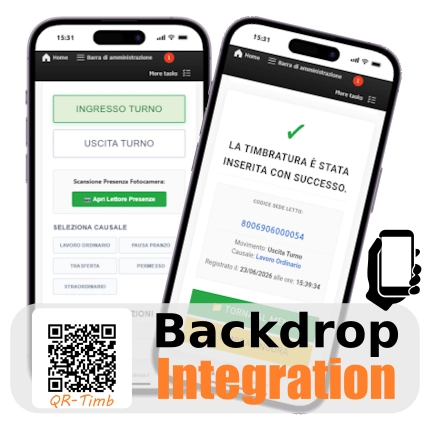 Interfaccia mobile del timbratore QR-TIMB con macro-pulsanti touch per ingresso e uscita turno e scansione hardware immediata tramite fotocamera